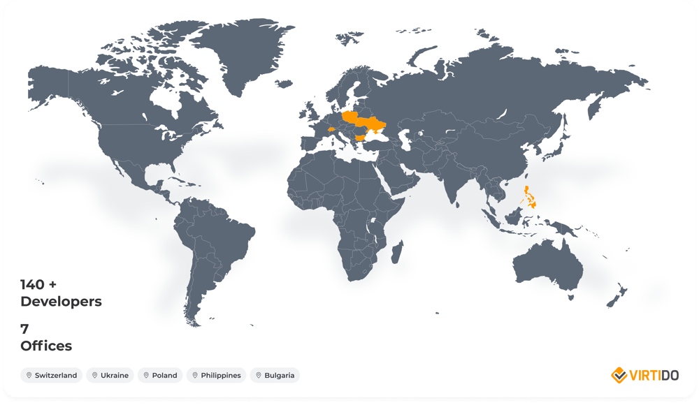 Virtido global team locations map showing skilled developers available for team augmentation