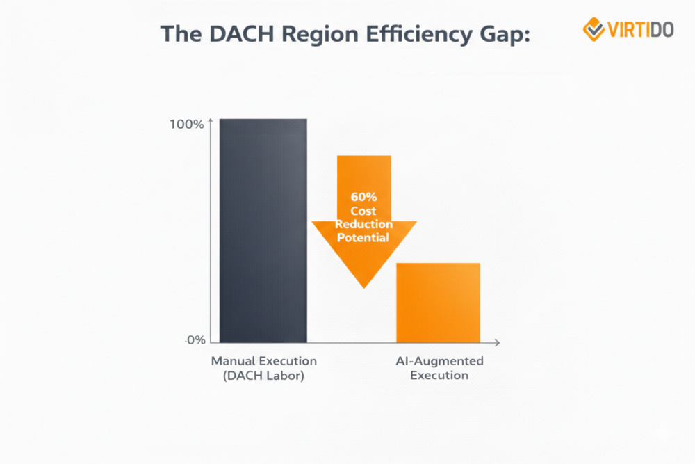 Chart showing the DACH region efficiency gap - 60% cost reduction potential between manual execution with DACH labor versus AI-augmented execution