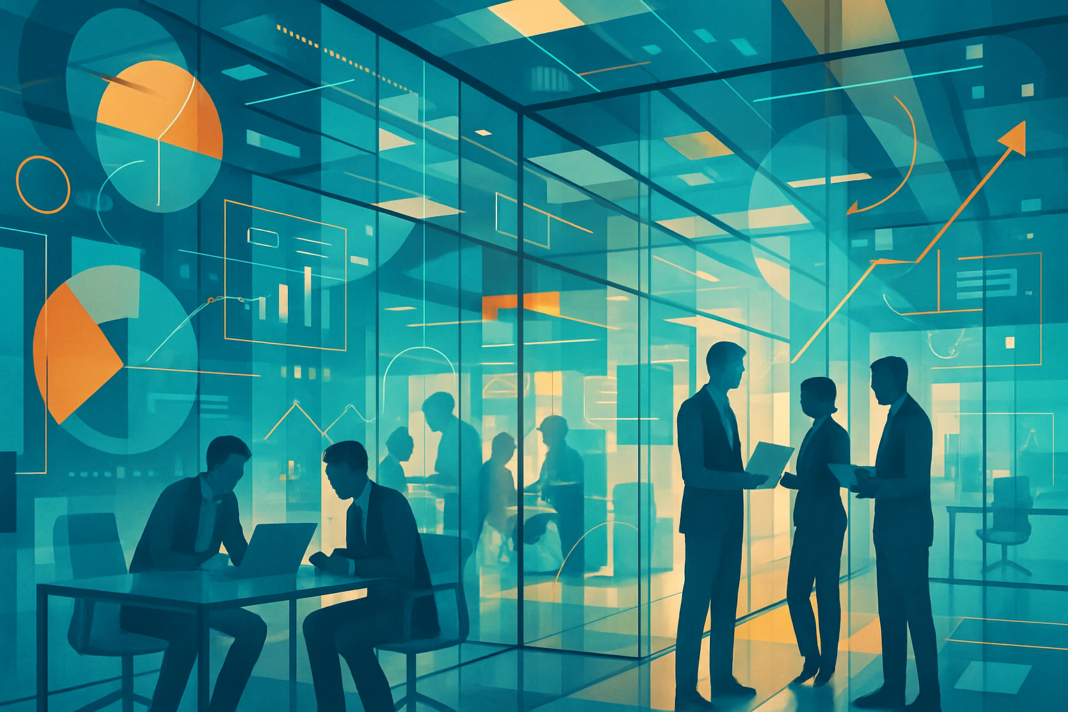 An abstract digital artwork representing a modern office environment and dynamic business activities The composition features mirrored walls creating reflections of people collaborating abstract shapes symbolizing business processes and subtle realis