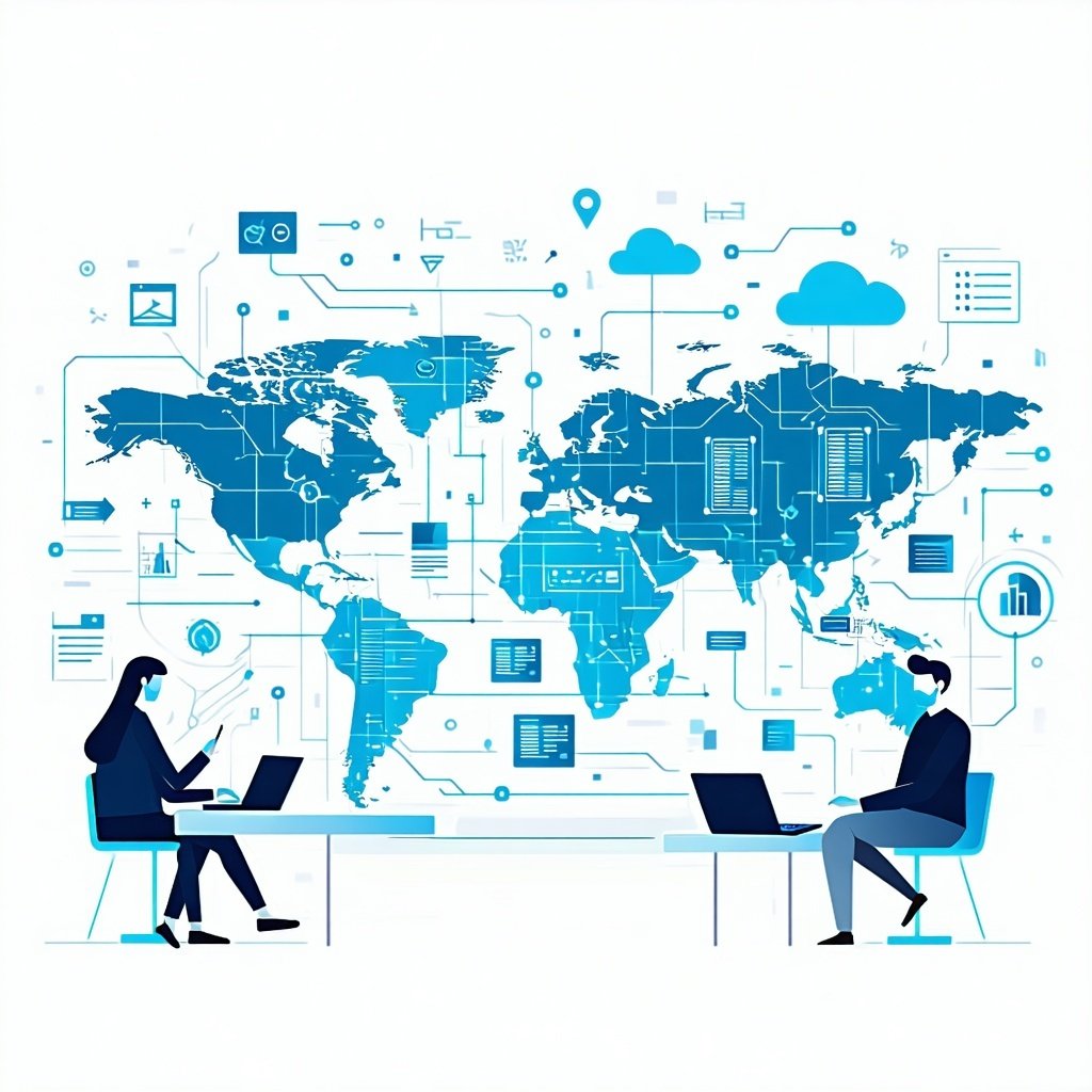Futuristic flatstyle illustration no real people representing global software outsourcingabstract characters or icons working on laptops world map with connection lines cloud servers UI wireframes and code snippets Clean minimal and techoriented desi-1