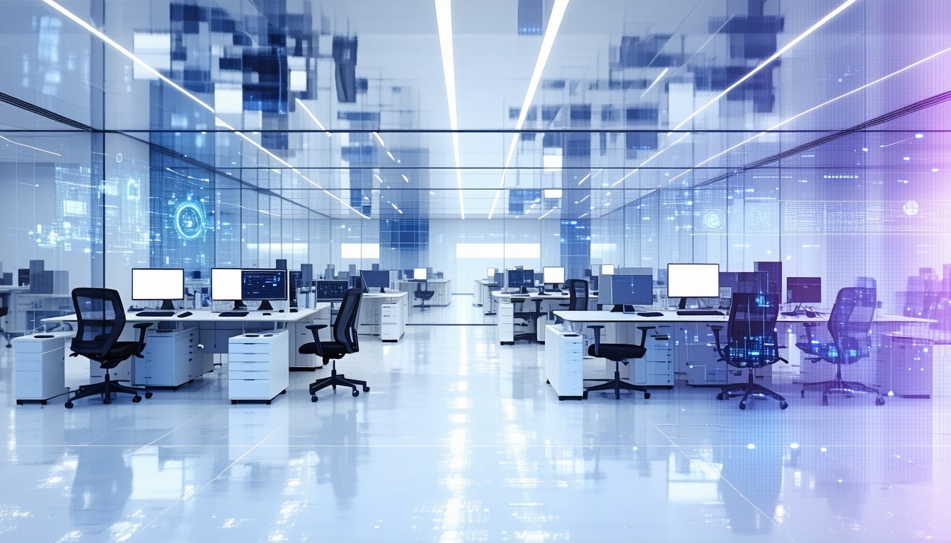 The abstract illustratian depicts a sleek modern office space filled with collaborative workstations  The atmosphere is dynamic and focused embodying a sense of forwardthinking collaboration in the tech industry Relevant for Choosing an AI Consultanc-3